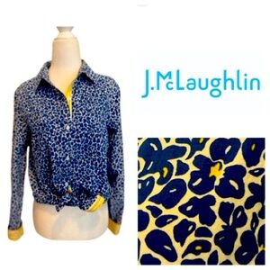 EUC J.McLaughlin Lois Blue and Yellow Floral Blouse Shirt sz S